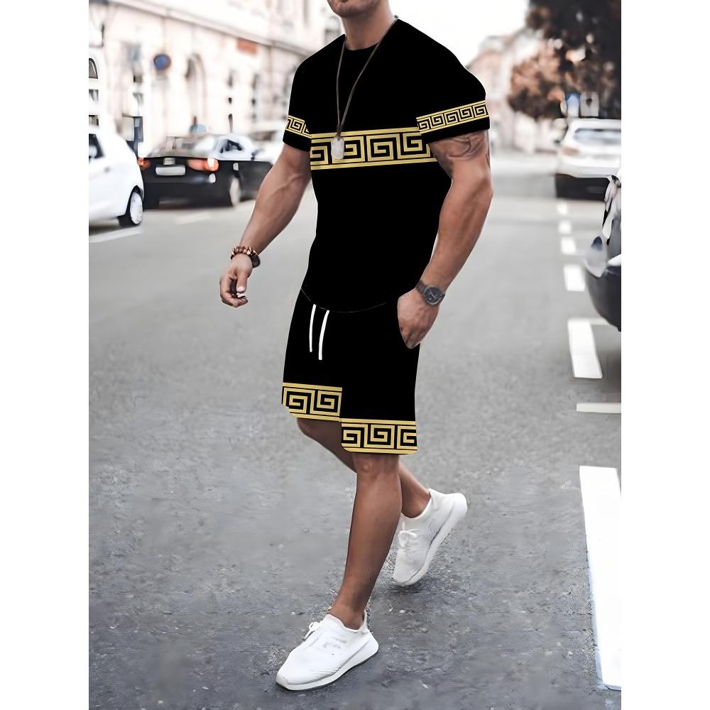 2-teiliges Set mit Kurzarm-Shorts für Herren mit Vintage-Print für den Sommer, lässiges Herren-T-Shirt für den Alltag, Outdoor-Sport, Strandshorts für Herren M