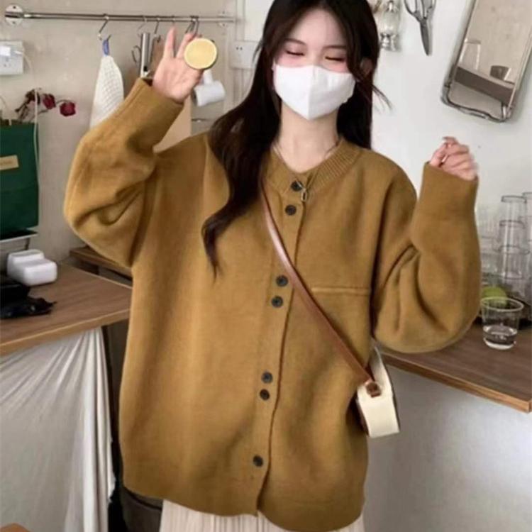 Botvotee Solide Strickjacke Frauen Herbst Winter Vintag O Neck Übergroßen Langarm Pullover Chic Button Up Jacke One Size gelb