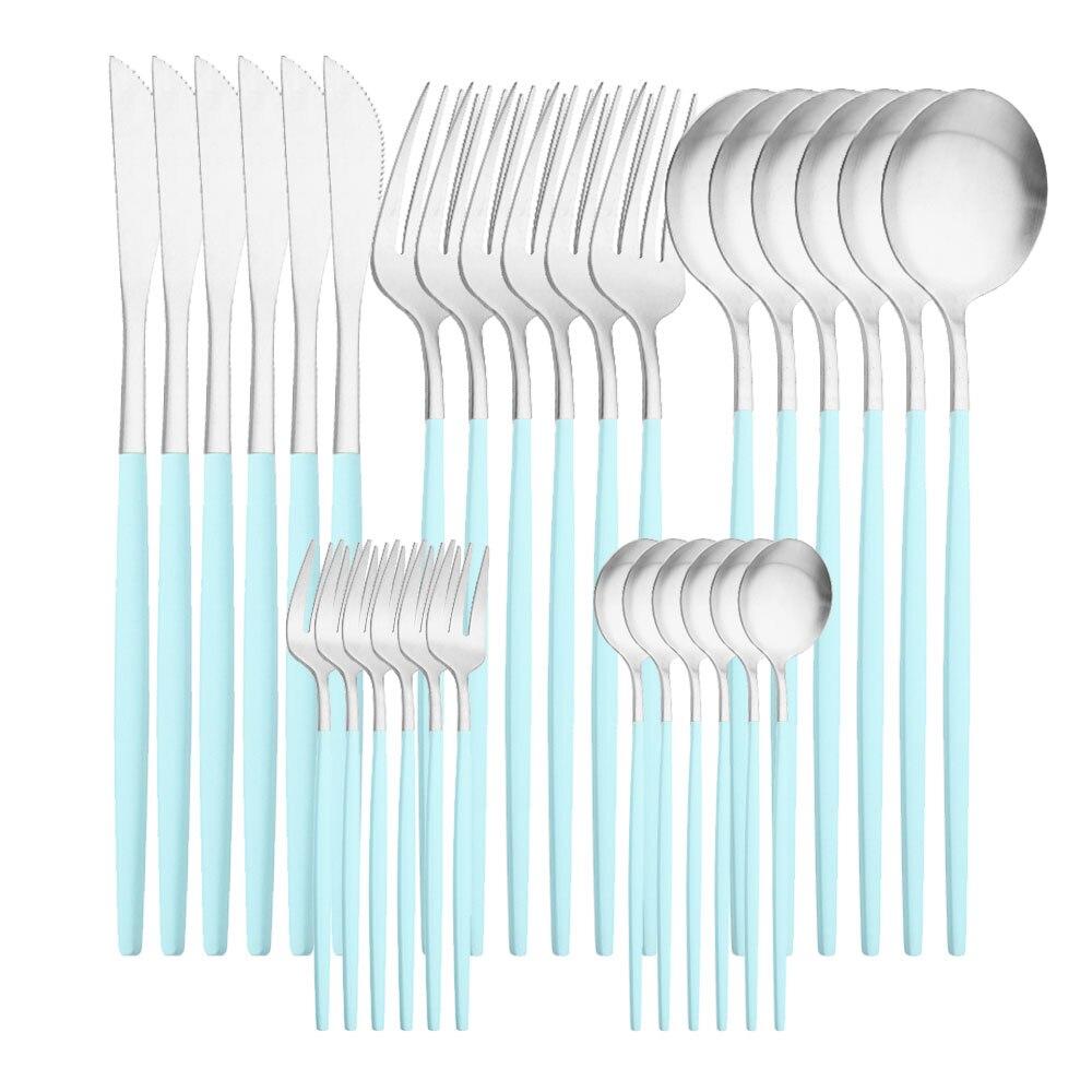 30 Stücke Mattschwarz Silber Geschirr Set Edelstahl Messer Kuchen Gabel Tee Löffel Besteck Besteck Set Küche Geschirr Set minze, grüne/silber