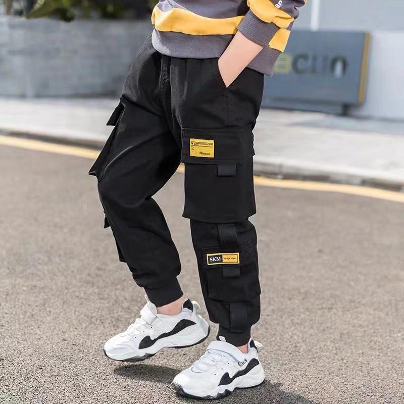 Jungen Cargo Hosen Solide Teen Kinder Multi-Tasche Casual Hosen Frühling Herbst Jungen Elastische Taille Hosen Streetwear Kinder der Kleidung 110 schwarz