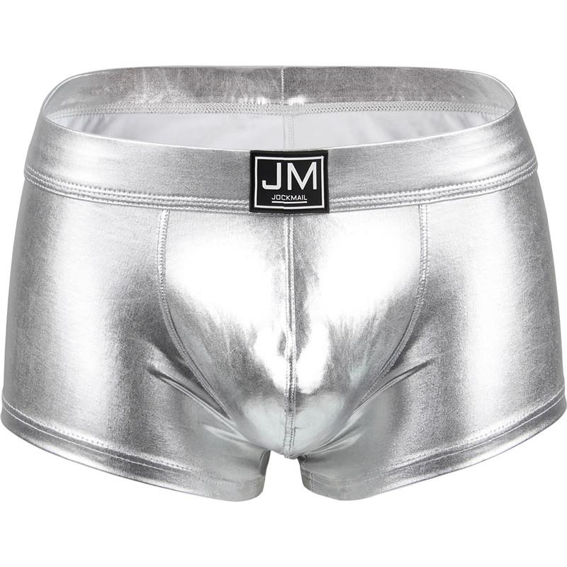 Boxer JOCKMAL Lederähnliches Material mit glänzender reflektierender Oberfläche Mode Sexy Herren Boxershorts Club Party Herrenshorts Unterhosen M silber