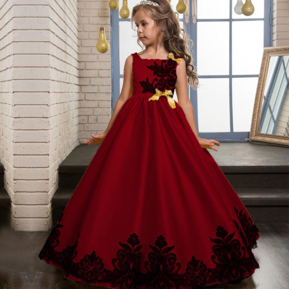 Hochwertiges Kinder-Mädchen-Hochzeitskleid mit Stickerei, Prinzessin, Party, Festzug, formelles Kleid, ärmellos, Seidentüll 160 rot