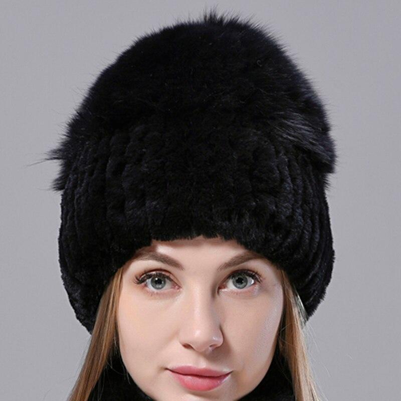 Natürliche Pelz Hüte Frauen Gestrickte Kaninchen Fuchs Flauschigen Winter Warme Weibliche Hut Luxus Kopfbedeckungen Echtpelz Mützen Kappe One Size schwarz