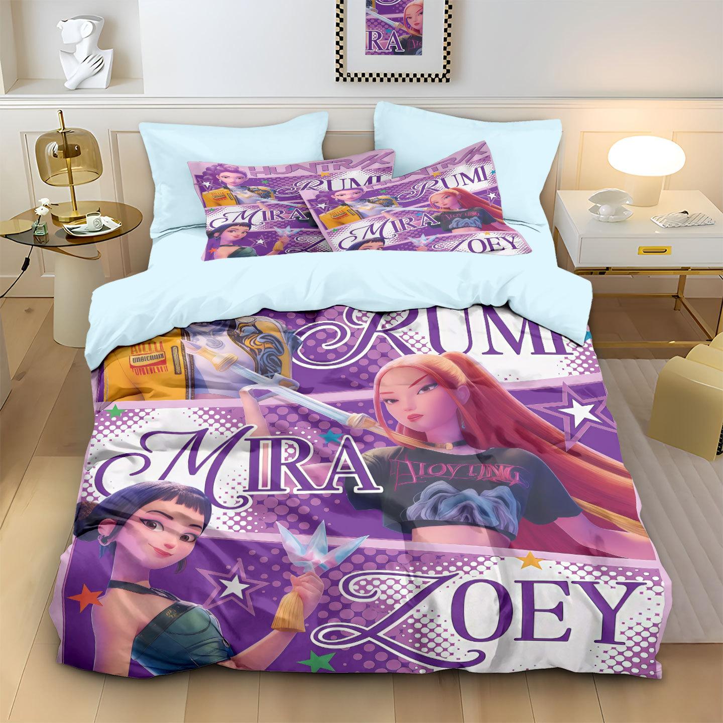 Filme kp-op Dämonenjäger Huntrix Bettwäsche-Set Anime Zoey Mira Bettbezug für Kinder Jugendliche Erwachsene Einzel Doppel King-Size EU Double(200*200cm)3pcs