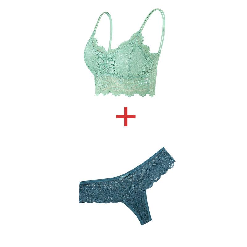 Damenmode Plus Size Blumenspitzen-BH-Set Transparente Versuchung Einfarbige Damenunterwäsche M/L grün