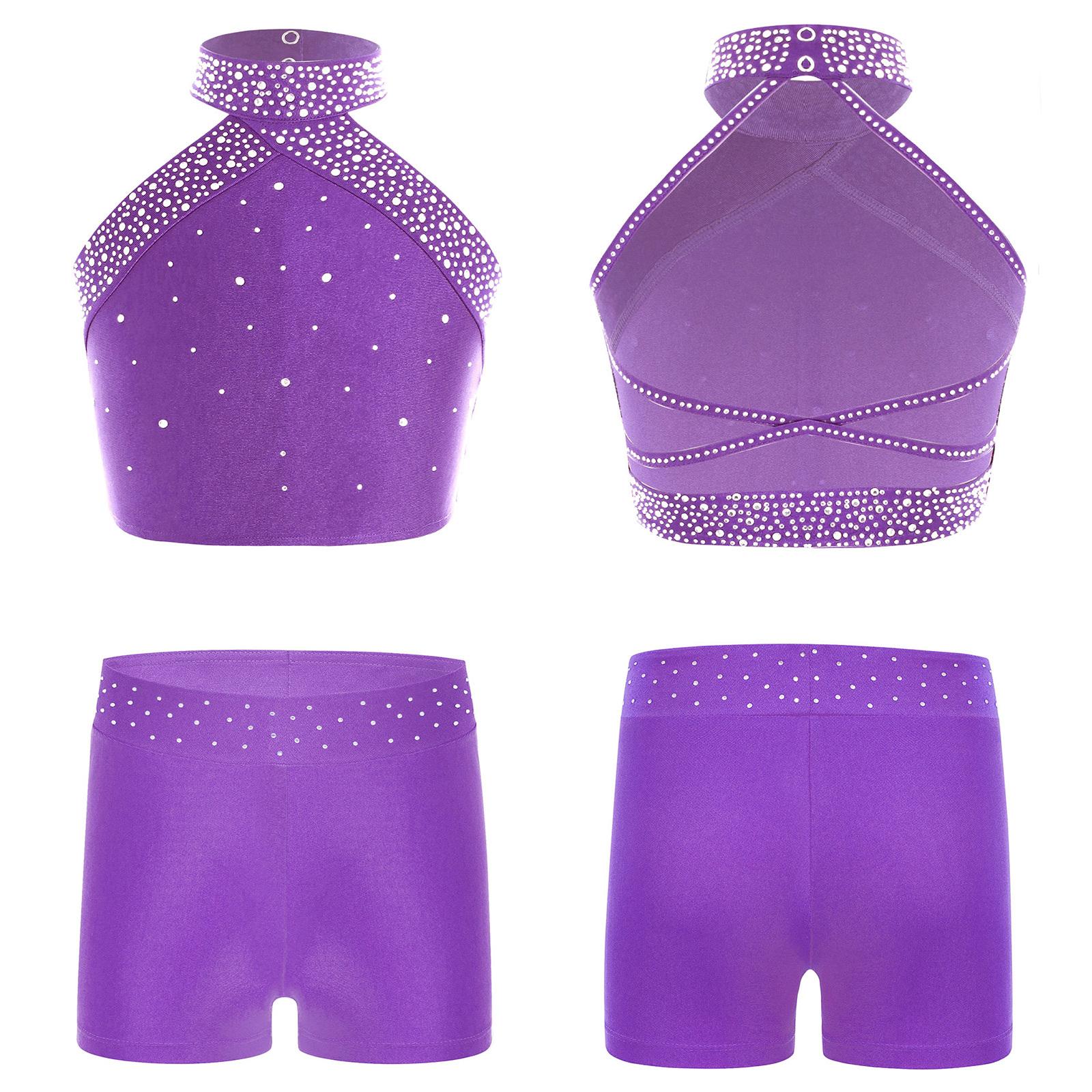 Mädchen Eiskunstlauf-Tanz-Outfits 2-teilig Gymnastik-Ballett-Tanz-Set Neckholder-Bauchweste mit Booty-Shorts Sportkleidung 9-10 Years violett