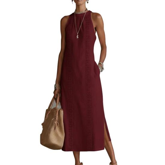 Sommerkleid für Damen Ärmellos Rundhals Tunika Tankkleid Lässig Locker Boho Strand Seitenschlitz Sommerkleid S rot