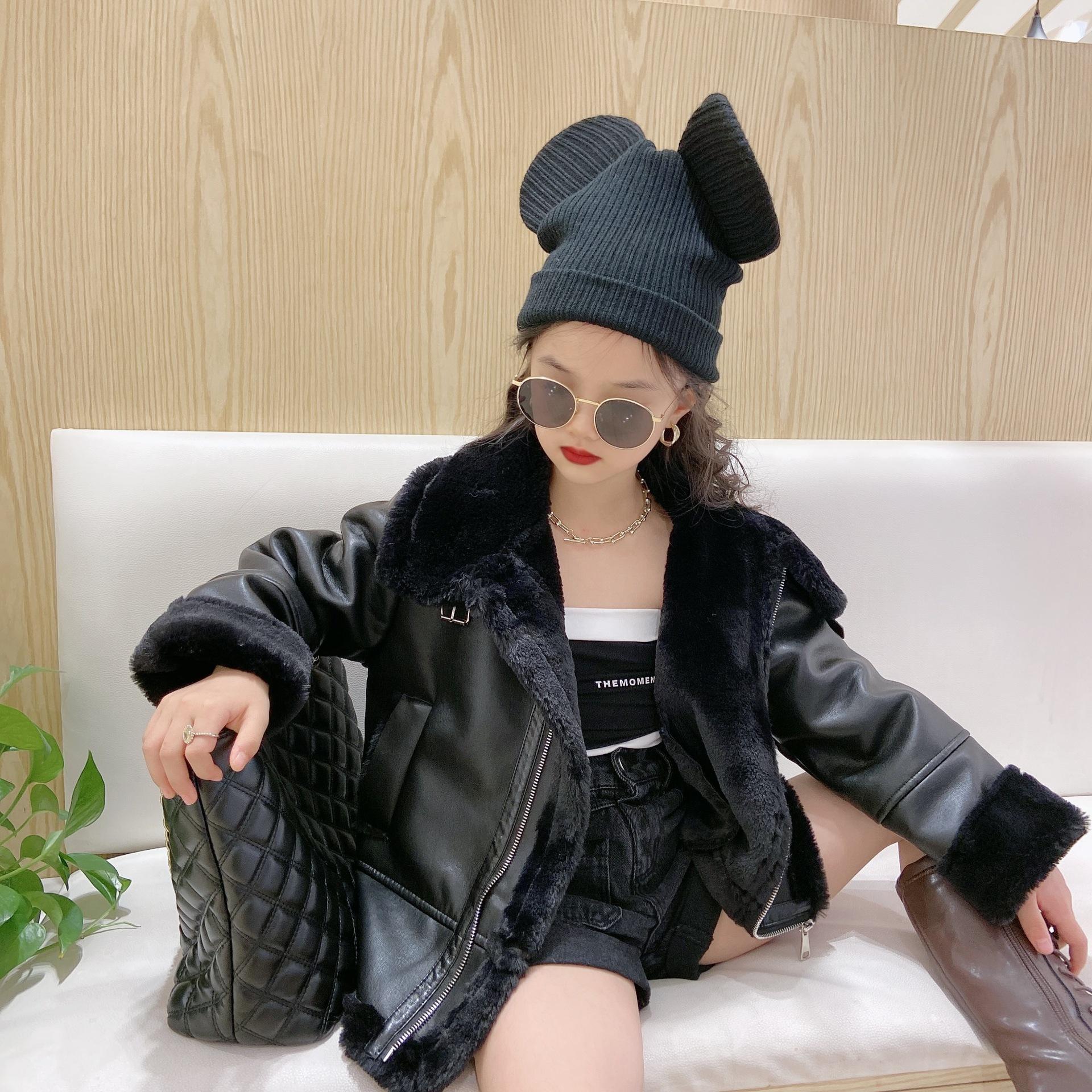 Mädchen Warme Lederjacke Verdickte Baumwolle Gestrickter Kindermantel Kunstpelz Kinderbekleidung 150 schwarz