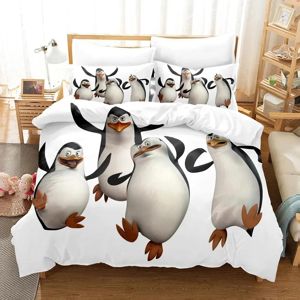 Cartoon Madagaskar Pinguin Bettwäsche Set Jungen Mädchen Einzelbett Doppelbett Größe Bettbezug Kissenbezug Bett Kinder Erwachsene Heimtextil US Twin 173x218cm