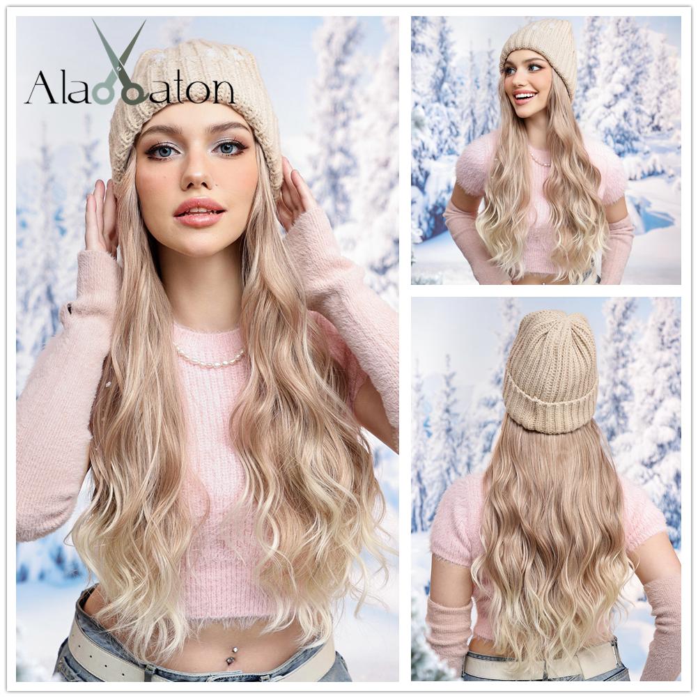 ALAN EATON Hut Perücken Kappe mit Haaren Blonde Farbe Verbinden Sie synthetische Haarverlängerungen für Frauen Tägliche Party Hochtemperaturfaser
