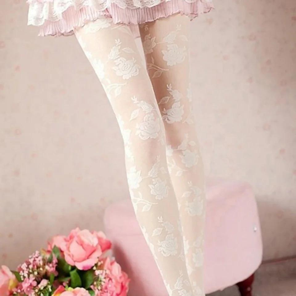 Sexy Rose Strumpfhosen Frauen Collant Femme Dünne Transparente Strumpfhosen Aushöhlen Tattoo Strumpfhosen Collant Femme Medias Fantaisie Strumpfwaren One Size white