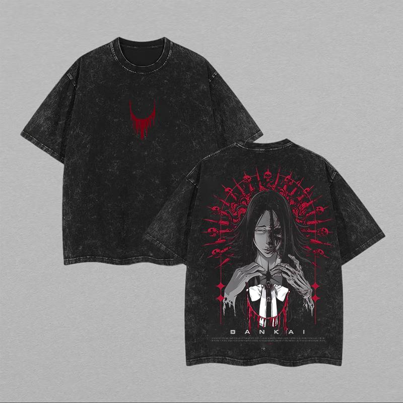 BLEACH Aufdruck Gewaschenes Übergroßes Herren Damen T-Shirt Vintage Street Baumwoll-T-Shirt Kurzarm Kleidung Lässige Streetwear Lockere Damen Herren Kleidung XXL orange
