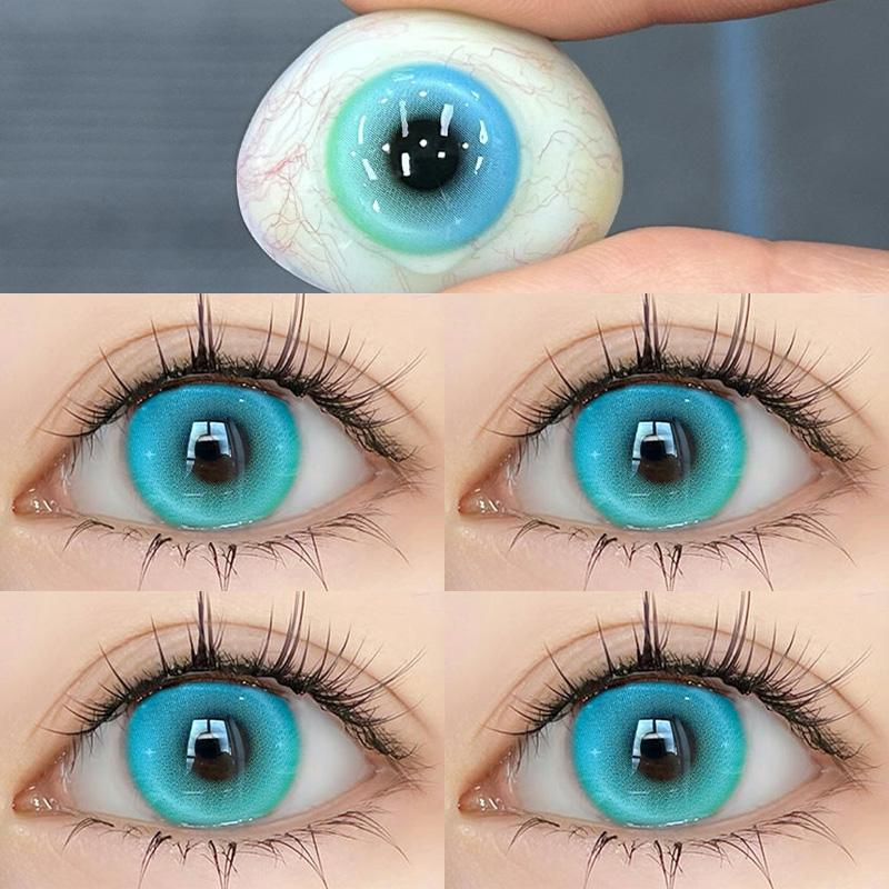 Mill Creek 2 Stück blaue Kontaktlinsen mit Iris der Güteklasse Hell, 14,2 mm, Cosplay-Anime-Augen, leuchtender Körper, sommerblau, Kontaktlinsen für den jährlichen Gebrauch 0 grün