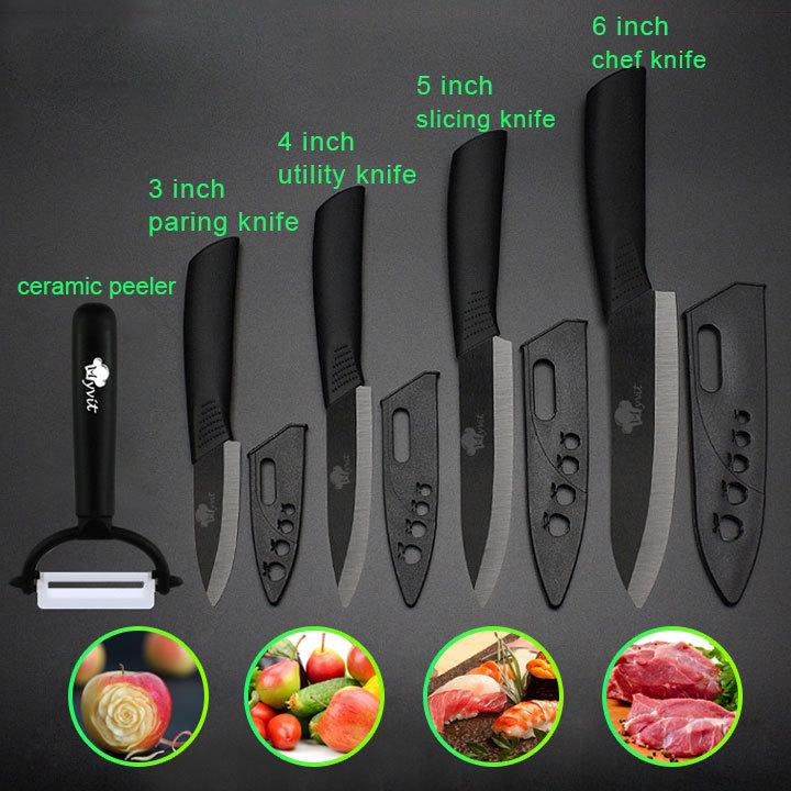Keramikmesser, Küchenmesser, 3, 4, 5, 6 Zoll, Kochmesser, Kochset + Schäler, weiße Zirkonia-Klinge, mehrfarbiger Griff, Küchenmesser und Zubehör, Messersets schwarz