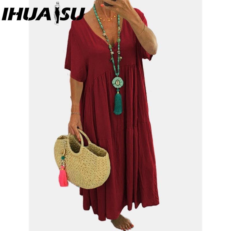 IHUASU Damen Sommer Mode Einfarbig V-Ausschnitt Übergröße Kleid Locker Lang Übergroß Lässig Kurzarm Kleid XXXL bordeaux