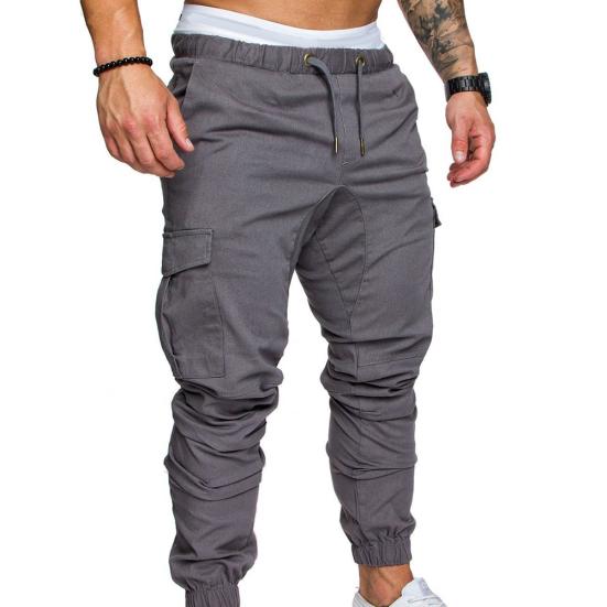Männer Casual Einfarbig Taschen Taille Kordelzug Knöchel Gebunden Skinny Cargo Hosen M hellgrau