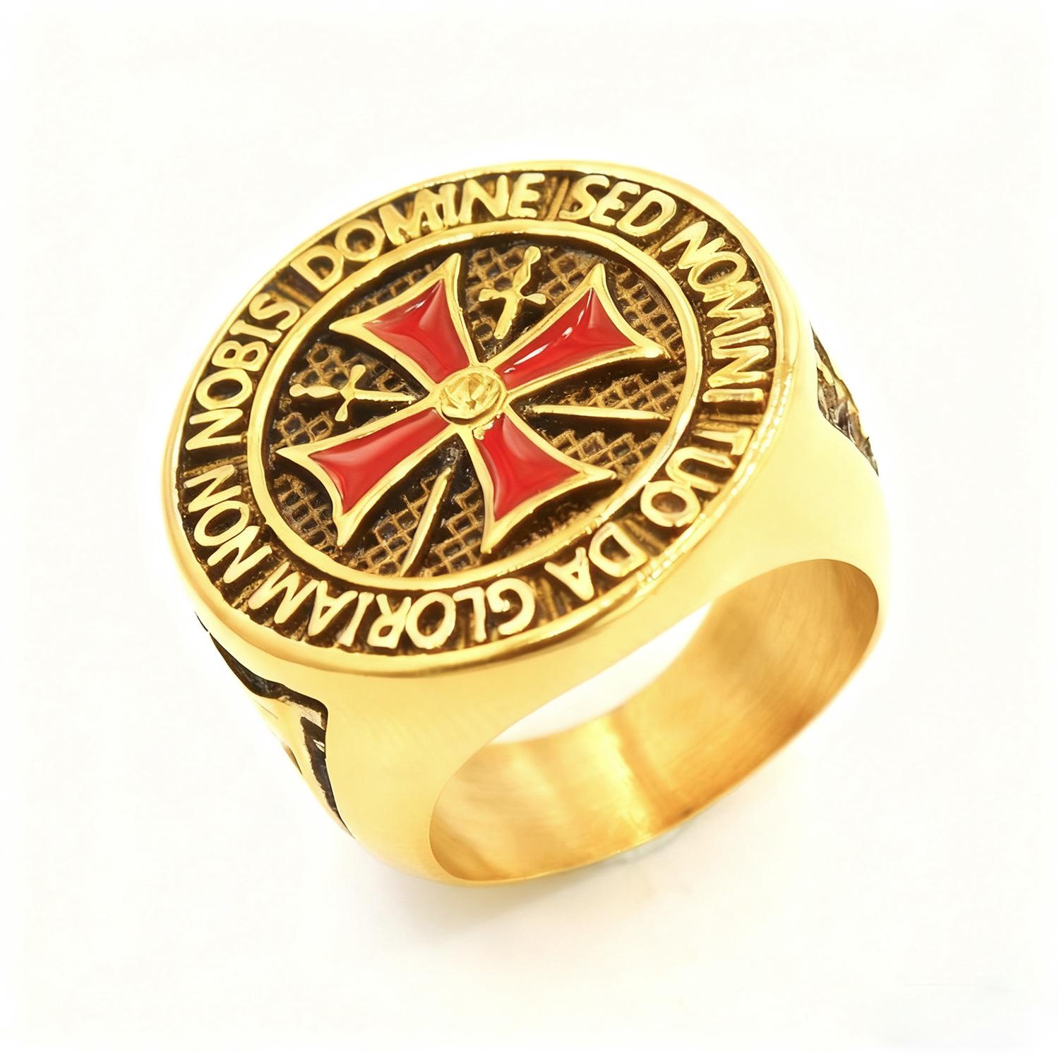 Vintage Diamant Kreuz Ring Für Männer Edelstahl Gold Rotes Kreuz Anhänger Band Schmuck no. 12 gold