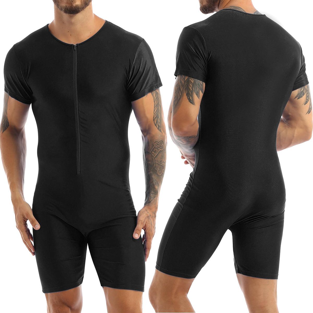 Herren Einteiler, kurzärmelig, mit Reißverschluss vorne, Boxershorts, Trikot, Body, Catsuit L schwarz