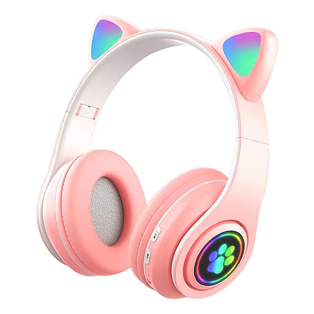 Bluetooth 5.0-Kopfhörer mit Mikrofon, niedliches Katzenohr, kabellos/kabelgebunden, faltbarer Kopfhörer, Bass, RGB-Atmungslicht für Jungen/Mädchen rosa