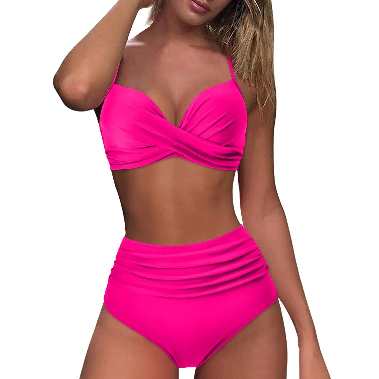 Bikini-Badeanzug mit hoher Taille für Damen, Bademode, Badeanzug, gepolstert, Push-Up, gerüschter Badeanzug, Bikini-Set für Damen M
