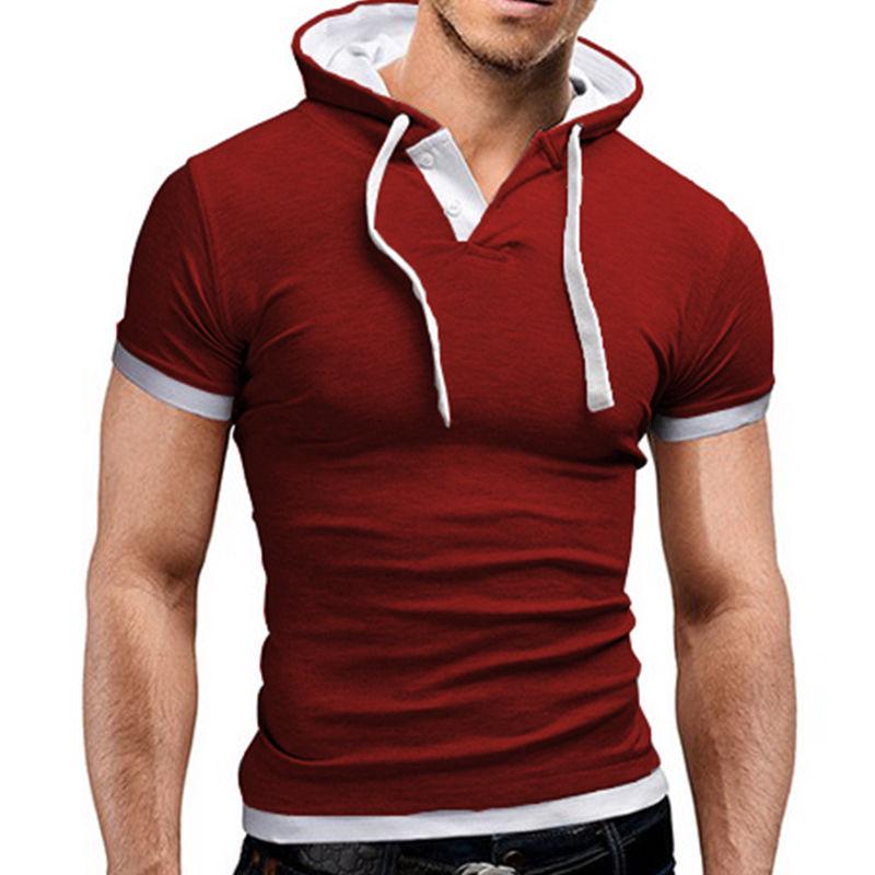 Sommer Herrenmode Slim Fit Kurzarm Tops Einfarbig Kapuze Muscle Casual Basic T-Shirt 2XL rot