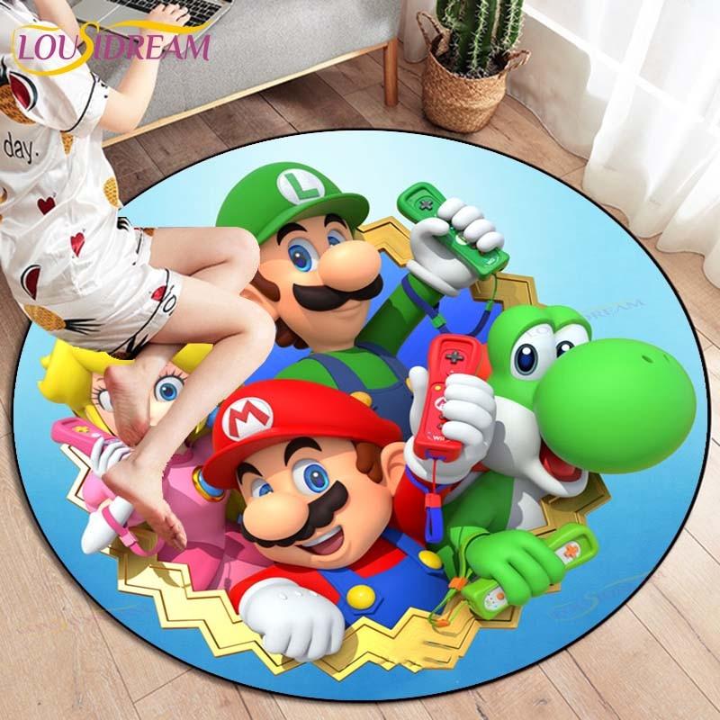 Cartoon Mario Bros Runde Teppiche für Wohnzimmer Teppiche Weicher Flanell Bodenläufer Schlafzimmer Teppichmatte für Kinder Küchenteppich 60cm