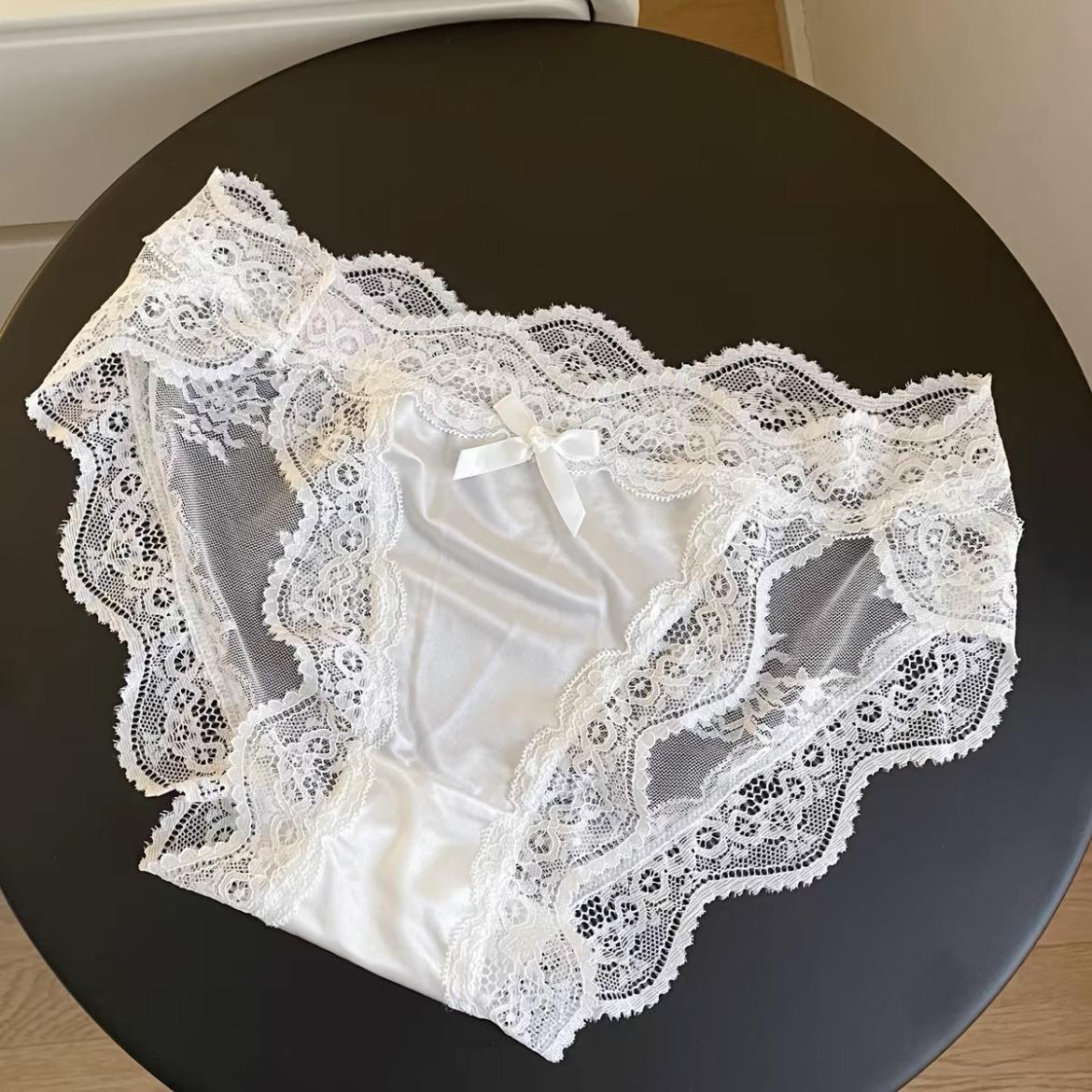 Satin Mesh Spitze Patch Schleife Damen Unterwäsche Sexy Hüfttief Ausgehöhlte Unterwäsche Hüfttief Reine Baumwolle Reine Begierde Slips M weiß