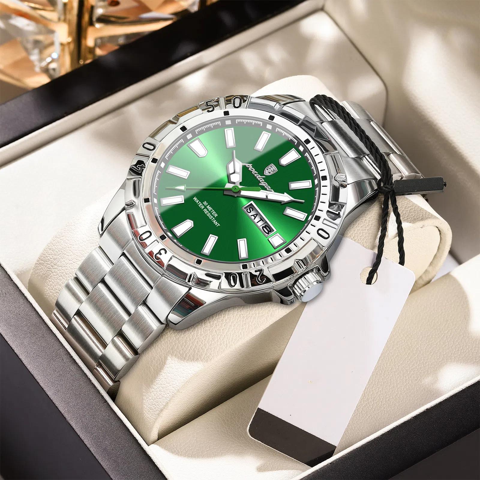 POEDAGAR Quarz Herrenuhr Wasserdicht Leuchtend Datum Woche Herrenuhr Militärisch Edelstahl Herrenuhren Sport Herrenuhr silber/grün