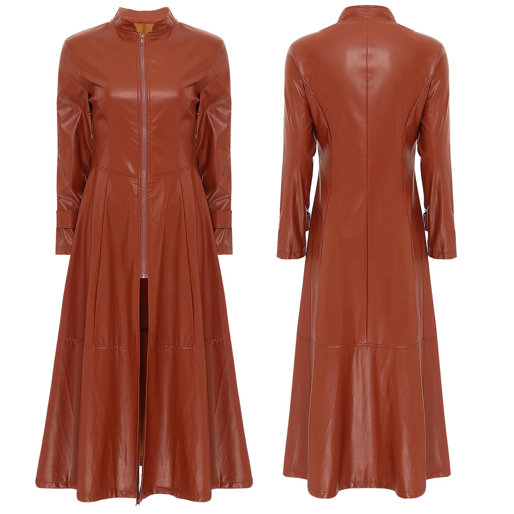 Steampunk-Stil, Gothic-Motorrad-Mantel, Disco-Party, langer Mantel, Kunstleder, Trenchcoat, Jacke, Umhang, Kleid, durchgehender Reißverschluss, knöchellang, für Damen und Herren M braun