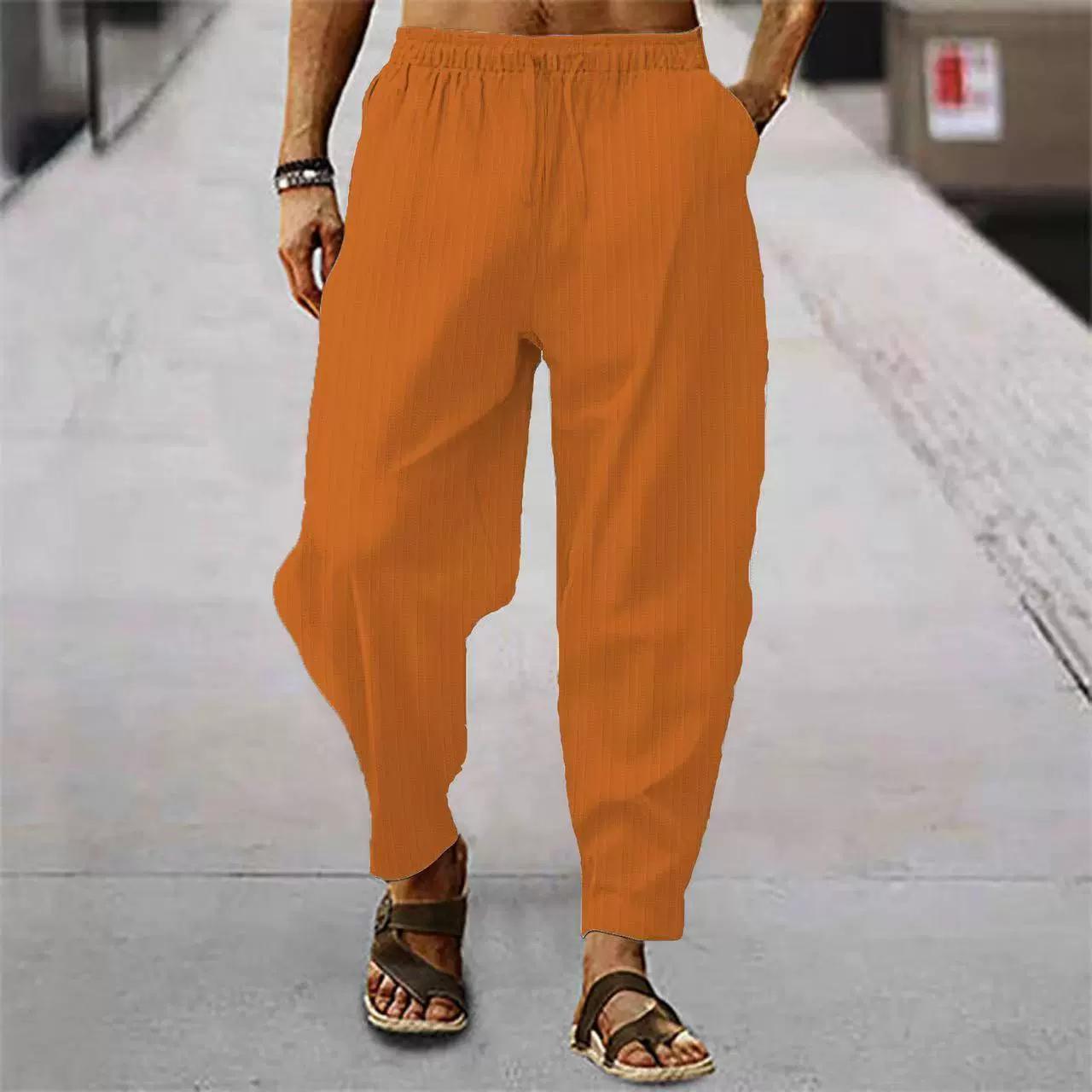 Herren Baumwolle Leinen Hose Sommer und Herbst Einfarbig Hohe Taille Weitbeinige Hose Männlich Locker Hanf Lässig Atmungsaktiv Sporthose L orange