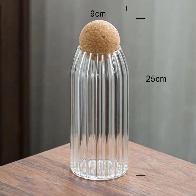 500-1300ml Glas Streifen Versiegelter Vorratsbehälter mit Korkstopfen Küchenaufbewahrungsbox Kaffeebohnen Nüsse Süßigkeiten Lebensmittel Gewürze Behälter