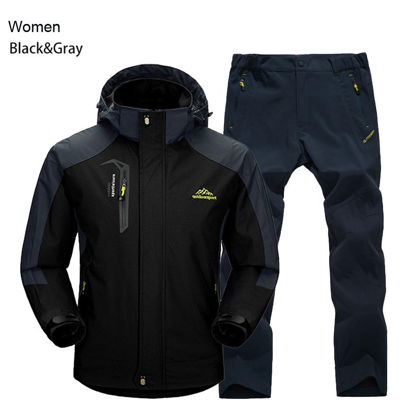 Damen Jacke Hose Wander Set Camping Frühling Herbst Outdoor Wasserdicht 20000MM Winddicht Anzug Trekking Mantel Hose 4XL schwarz grau
