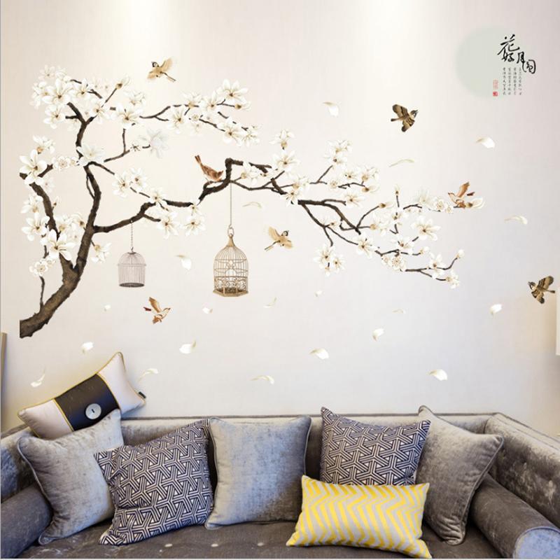 Große Größe Baum Wand Aufkleber Vögel Blume Wohnkultur Tapeten für Wohnzimmer Schlafzimmer DIY Vinyl Zimmer Dekoration 60x90cmx2pcs
