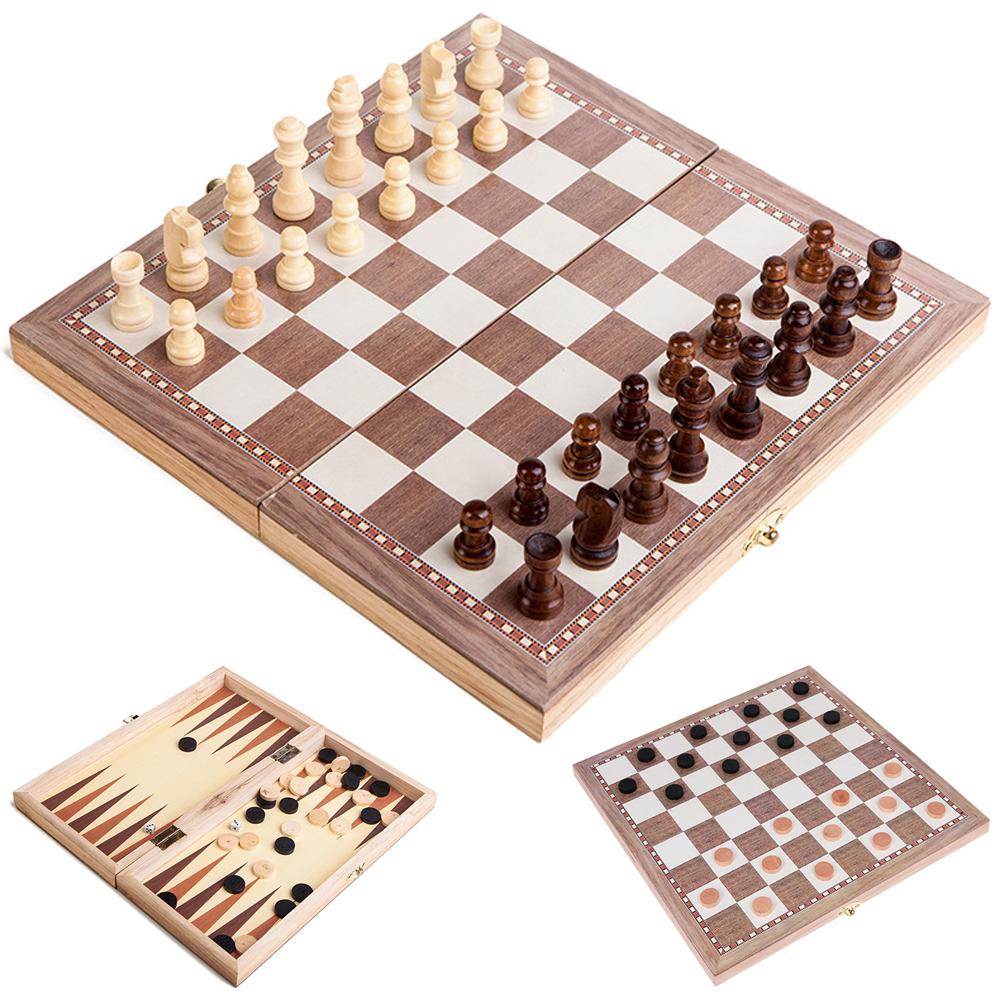 3-in-1-Multifunktions-Schachspiel aus Holz, klappbares Schachbrettspiel, Reisespiele, Schach-Dame beige