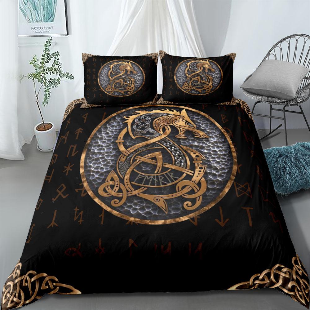 Wikinger-Bettwäscheset mit Yggdrasil, Fenrir und Wolf, King-Size-Bett, Queen-Size-Bett, Doppelbett, Full Twin, Einzelbett, Mythologie-Symbole, Runen-Bettwäscheset 140x200cm