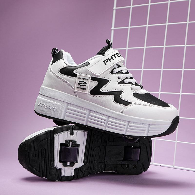Neue Kinder Runaway Schuhe Jungen Doppelräder Mädchen Rollschuhe Studentenschuhe mit Rädern Sommer Leder Mesh Deformierte Schuhe 42