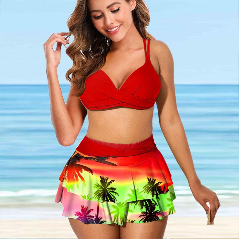 Damen Bademode Tankini 2-teiliger Badeanzug Gelb Kokosnussbaum-Print Urlaubsbadeanzug L rot
