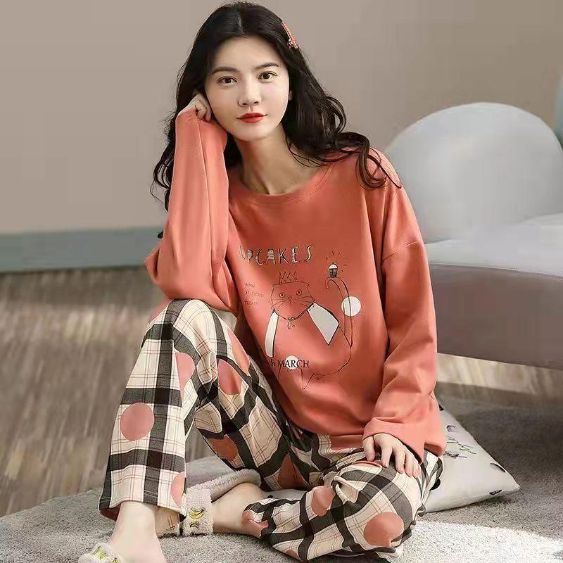 Neuer Winterpyjama, Damen, koreanische Version, langärmelig, Homewear-Anzug, locker, große Größe, zweiteiliger Anzug, kann draußen getragen werden 4XL orange