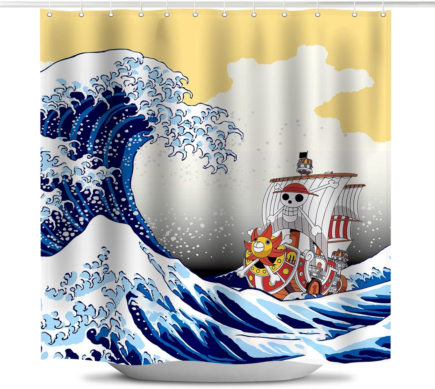 Anime Duschvorhang - Thousand Sunny, Odas Kunst Ukiyo-e, Wasserdichtes Polyester, 12 Haken, Badezimmer Dekoration W240xH180cm