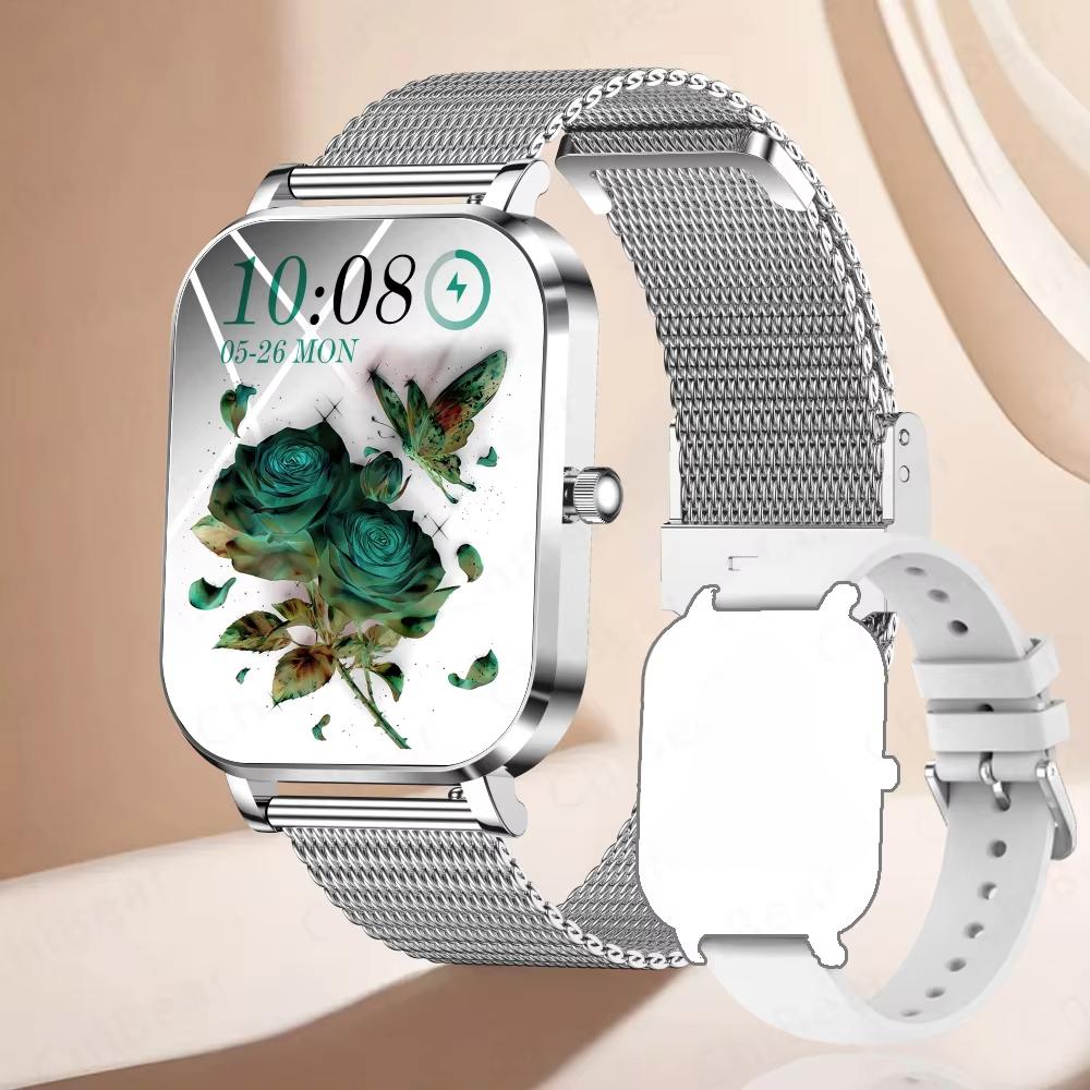 2025 Neue Mode Damen Smartwatch AMOLED HD Bildschirm Herzfrequenz Blutsauerstoffüberwachung BT Anruf Sport Smartwatch Frau für IOS Android Mesh silber