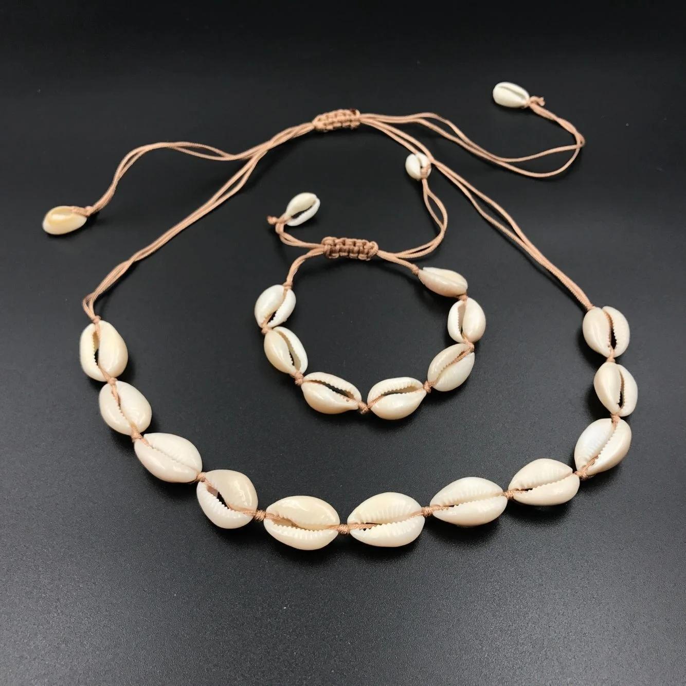 1 Stück Natürlich Schlicht Täglich Damen Geschenke Mode Alleskönner Verstellbar Muschel See Seil Armband Halskette Set Schmuck Halskette beige