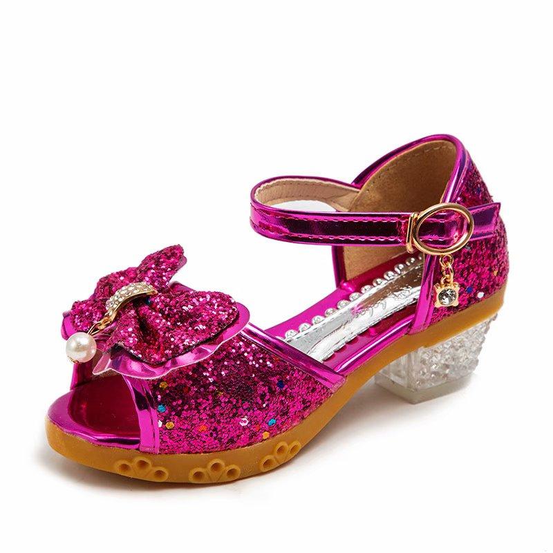 Neue Prinzessin Schuhe Kinder Schuhe Mädchen High Heels Kleid Schuhe Blume Schmetterling Sandalen Schleife Kristall Prinzessin Königin Cosplay Party Mädchen Tanzschuhe 32 rose rot