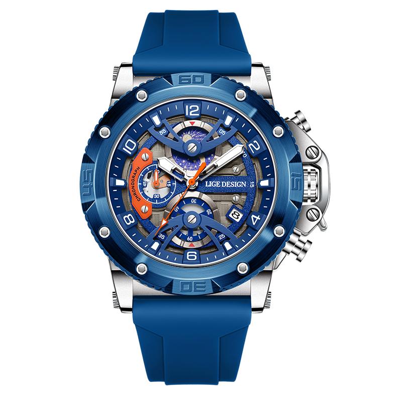 LIGE 2025 Neue Herrenuhr Mode Freizeit Silikon Quarz Uhr Leuchtend Wasserdicht Sport Herren Quarz Uhr silber/blau