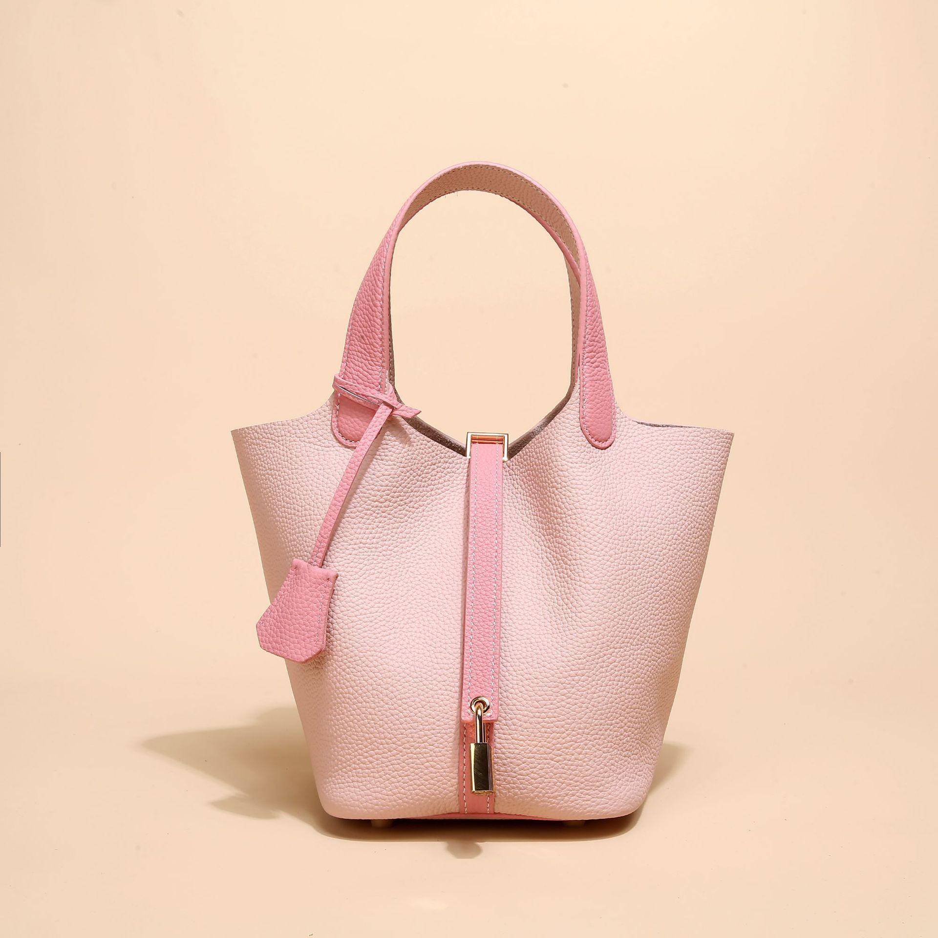 Gemüsekorb-Tasche, erste Schicht Rindsleder-Tragetasche, Pendler-Eimer-Tasche, Damen-Echtleder-Tasche, Europäischer und Amerikanischer Retro. 20cm beige