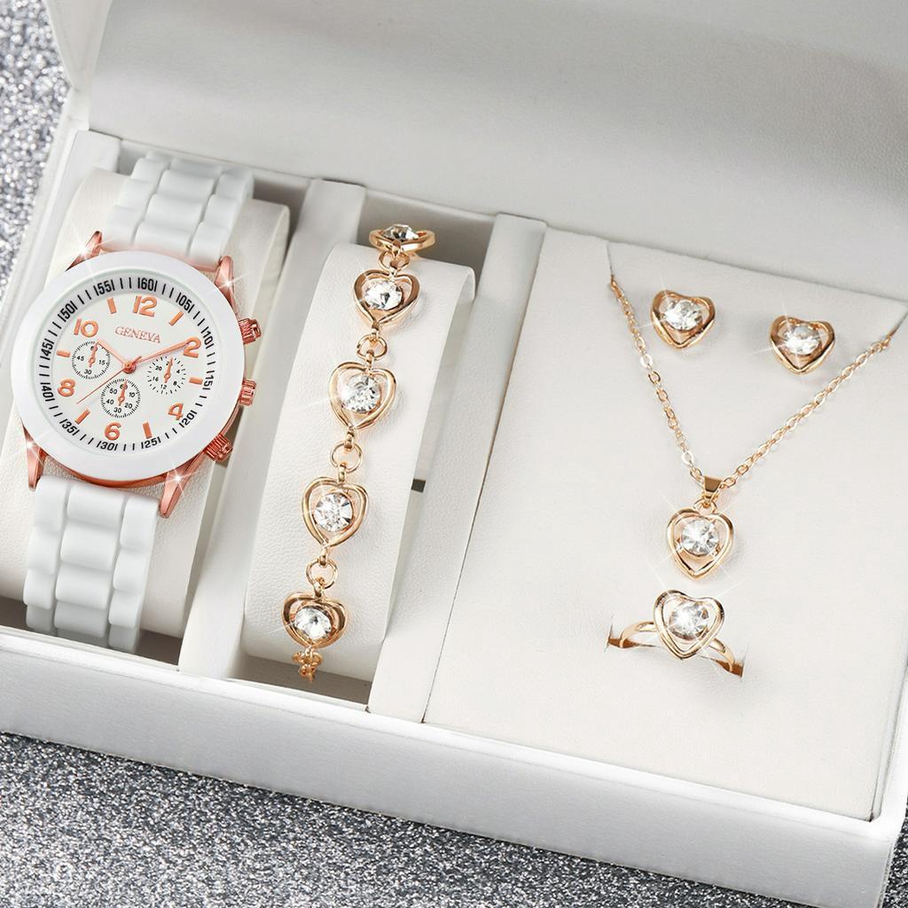 5-teiliges Set Luxusuhr Damen Ring Halskette Ohrringe Perle Strass Armbanduhr Weiblich Lässig Damen Uhren Armband (Kein Kasten)