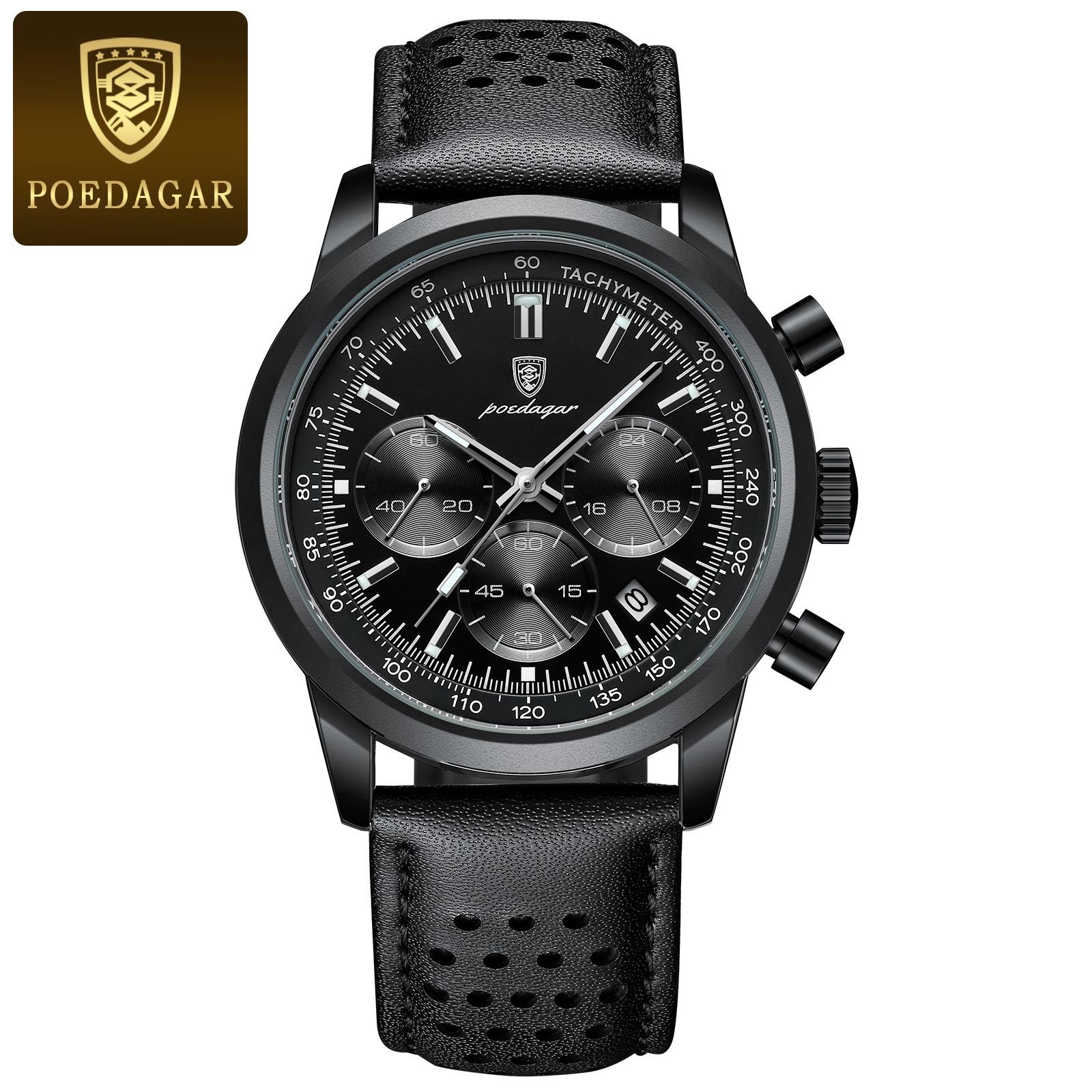 Luxus Mann Uhr Hohe Qualität Wasserdicht Chronograph Leucht männer Armbanduhr Leder Männer Quarz Uhren Casual Uhr esche schwarz