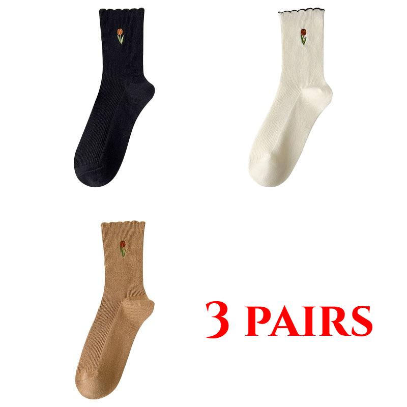 3 Paar Damen Socken Set Frühling und Sommer Dünne Atmungsaktive Rüschenrand Socken Reine Baumwolle Niedliche Damen Weiße Bedruckte Socken 3 pairs