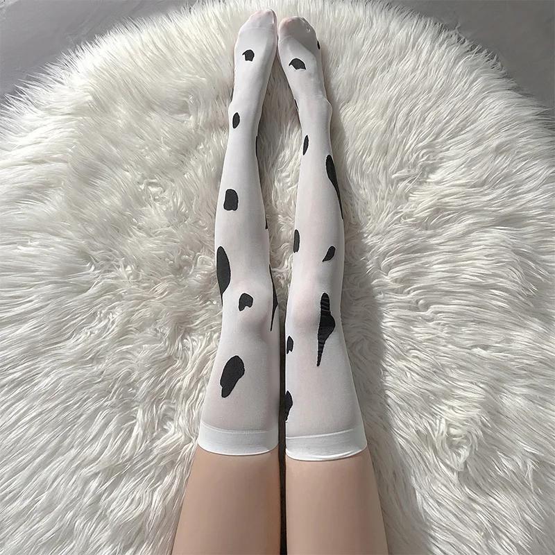 Weiße Strümpfe mit Kuh-Print für Damen, JK-Mädchen, Kniestrümpfe, Oberschenkelhohe Strümpfe, Lolita Kawaii, süße Oberschenkelhohe Socken, Damenstrümpfe weiß