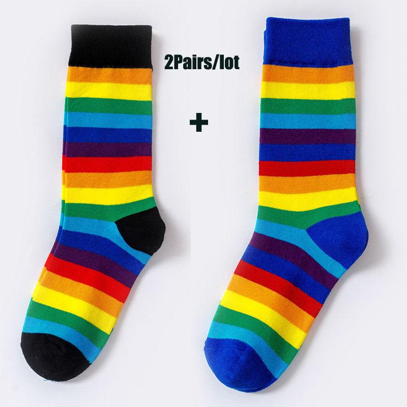 2 Paare/los Regenbogen Gestreiften Socken Frauen Baumwolle Lange Socken Candy Farben Retro Casual Socken One size