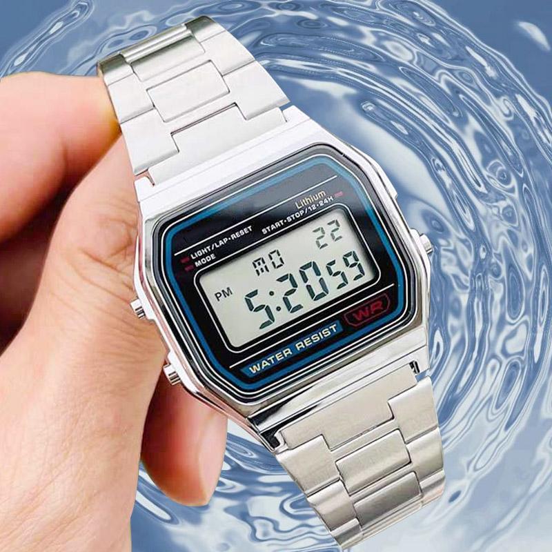 1PC F91W Band Uhr Wasserdicht Retro Digital Edelstahl Sport Militär Uhren Männer Frauen Luxus Elektronische Armbanduhren Uhr silber